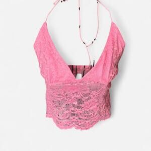 Y2K Aesthetic Pink Lace Halter Top Backless Boho Festival Crop S